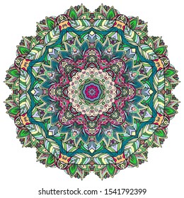 Mandala, tracery wheel mehndi design. Ethnic ornament, colorful doodle symmetry texture. Folk traditional spiritual tribal design. Curved shape, isolated on white. Color art. Vector