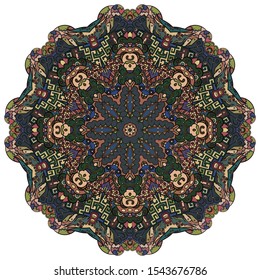 Mandala, tracery wheel mehndi design. Ethnic ornament, colorful doodle symmetry texture. Folk traditional spiritual tribal design. Curved shape, isolated on white. Color art. Vector
