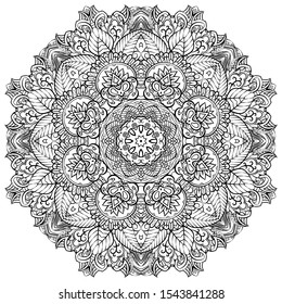 Mandala, tracery wheel mehndi design. Ethnic ornament, doodle symmetry texture. Folk traditional spiritual tribal design. Curved shape, isolated on white. Binary monochrome black and white art. Vector