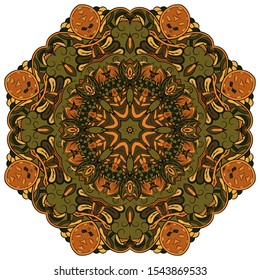 Mandala, tracery wheel mehndi design. Ethnic ornament, colorful doodle symmetry texture. Folk traditional spiritual tribal design. Curved shape, isolated on white. Color art. Vector
