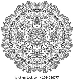 Mandala, tracery wheel mehndi design. Ethnic ornament, doodle symmetry texture. Folk traditional spiritual tribal design. Curved shape, isolated on white. Binary monochrome black and white art. Vector
