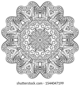 Mandala, tracery wheel mehndi design. Ethnic ornament, doodle symmetry texture. Folk traditional spiritual tribal design. Curved shape, isolated on white. Binary monochrome black and white art. Vector