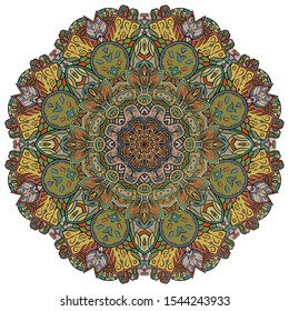 Mandala, tracery wheel mehndi design. Ethnic ornament, colorful doodle symmetry texture. Folk traditional spiritual tribal design. Curved shape, isolated on white. Color art. Vector