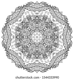 Mandala, tracery wheel mehndi design. Ethnic ornament, doodle symmetry texture. Folk traditional spiritual tribal design. Curved shape, isolated on white. Binary monochrome black and white art. Vector