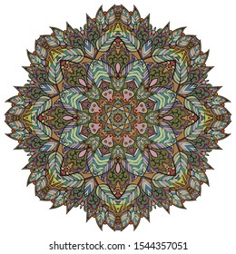 Mandala, tracery wheel mehndi design. Ethnic ornament, colorful doodle symmetry texture. Folk traditional spiritual tribal design. Curved shape, isolated on white. Color art. Vector