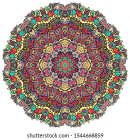 Mandala, tracery wheel mehndi design. Ethnic ornament, colorful doodle symmetry texture. Folk traditional spiritual tribal design. Curved shape, isolated on white. Color art. Vector