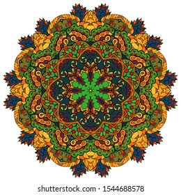 Mandala, tracery wheel mehndi design. Ethnic ornament, colorful doodle symmetry texture. Folk traditional spiritual tribal design. Curved shape, isolated on white. Color art. Vector