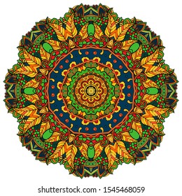 Mandala, tracery wheel mehndi design. Ethnic ornament, colorful doodle symmetry texture. Folk traditional spiritual tribal design. Curved shape, isolated on white. Color art. Vector