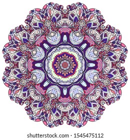 Mandala, tracery wheel mehndi design. Ethnic ornament, colorful doodle symmetry texture. Folk traditional spiritual tribal design. Curved shape, isolated on white. Color art. Vector