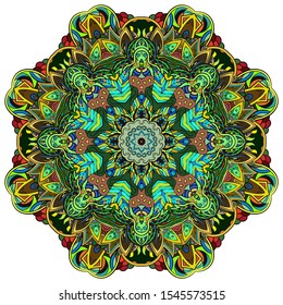 Mandala, tracery wheel mehndi design. Ethnic ornament, colorful doodle symmetry texture. Folk traditional spiritual tribal design. Curved shape, isolated on white. Color art. Vector
