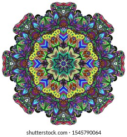 Mandala, tracery wheel mehndi design. Ethnic ornament, colorful doodle symmetry texture. Folk traditional spiritual tribal design. Curved shape, isolated on white. Color art. Vector