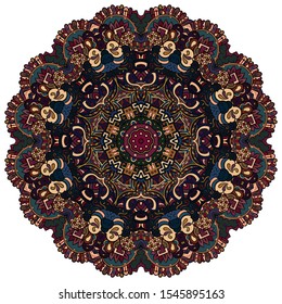 Mandala, tracery wheel mehndi design. Ethnic ornament, colorful doodle symmetry texture. Folk traditional spiritual tribal design. Curved shape, isolated on white. Color art. Vector