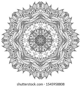 Mandala, tracery wheel mehndi design. Ethnic ornament, doodle symmetry texture. Folk traditional spiritual tribal design. Curved shape, isolated on white. Binary monochrome black and white art. Vector