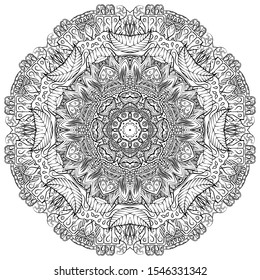 Mandala, tracery wheel mehndi design. Ethnic ornament, doodle symmetry texture. Folk traditional spiritual tribal design. Curved shape, isolated on white. Binary monochrome black and white art. Vector