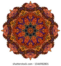 Mandala, tracery wheel mehndi design. Ethnic ornament, colorful doodle symmetry texture. Folk traditional spiritual tribal design. Curved shape, isolated on white. Color art. Vector