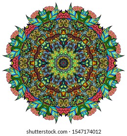Mandala, tracery wheel mehndi design. Ethnic ornament, colorful doodle symmetry texture. Folk traditional spiritual tribal design. Curved shape, isolated on white. Color art. Vector