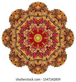 Mandala, tracery wheel mehndi design. Ethnic ornament, colorful doodle symmetry texture. Folk traditional spiritual tribal design. Curved shape, isolated on white. Color art. Vector