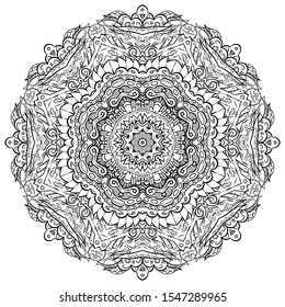 Mandala, tracery wheel mehndi design. Ethnic ornament, doodle symmetry texture. Folk traditional spiritual tribal design. Curved shape, isolated on white. Binary monochrome black and white art. Vector