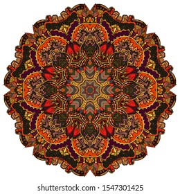 Mandala, tracery wheel mehndi design. Ethnic ornament, colorful doodle symmetry texture. Folk traditional spiritual tribal design. Curved shape, isolated on white. Color art. Vector