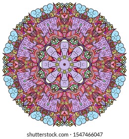 Mandala, tracery wheel mehndi design. Ethnic ornament, colorful doodle symmetry texture. Folk traditional spiritual tribal design. Curved shape, isolated on white. Color art. Vector