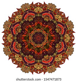 Mandala, tracery wheel mehndi design. Ethnic ornament, colorful doodle symmetry texture. Folk traditional spiritual tribal design. Curved shape, isolated on white. Color art. Vector