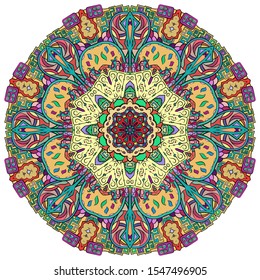 Mandala, tracery wheel mehndi design. Ethnic ornament, colorful doodle symmetry texture. Folk traditional spiritual tribal design. Curved shape, isolated on white. Color art. Vector