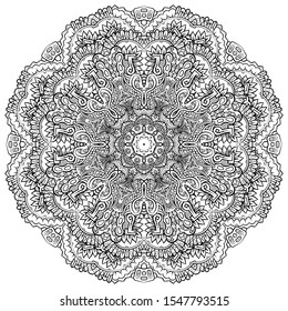 Mandala, tracery wheel mehndi design. Ethnic ornament, doodle symmetry texture. Folk traditional spiritual tribal design. Curved shape, isolated on white. Binary monochrome black and white art. Vector