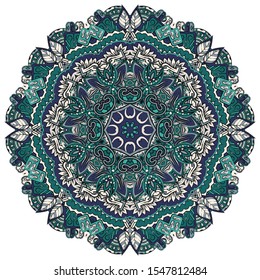 Mandala, tracery wheel mehndi design. Ethnic ornament, colorful doodle symmetry texture. Folk traditional spiritual tribal design. Curved shape, isolated on white. Color art. Vector
