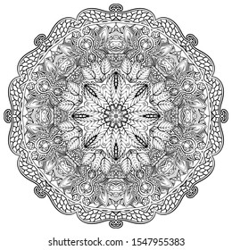 Mandala, tracery wheel mehndi design. Ethnic ornament, doodle symmetry texture. Folk traditional spiritual tribal design. Curved shape, isolated on white. Binary monochrome black and white art. Vector