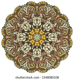 Mandala, tracery wheel mehndi design. Ethnic ornament, colorful doodle symmetry texture. Folk traditional spiritual tribal design. Curved shape, isolated on white. Color art. Vector
