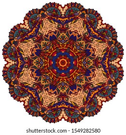 Mandala, tracery wheel mehndi design. Ethnic ornament, colorful doodle symmetry texture. Folk traditional spiritual tribal design. Curved shape, isolated on white. Color art. Vector