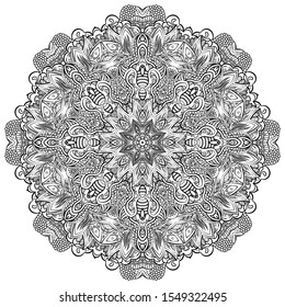 Mandala, tracery wheel mehndi design. Ethnic ornament, doodle symmetry texture. Folk traditional spiritual tribal design. Curved shape, isolated on white. Binary monochrome black and white art. Vector
