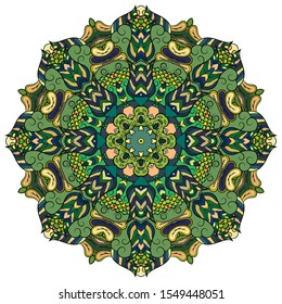 Mandala, tracery wheel mehndi design. Ethnic ornament, colorful doodle symmetry texture. Folk traditional spiritual tribal design. Curved shape, isolated on white. Color art. Vector