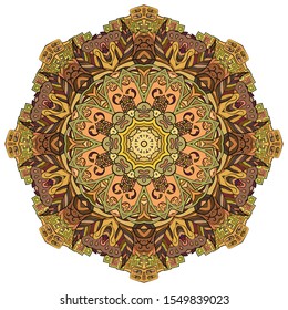 Mandala, tracery wheel mehndi design. Ethnic ornament, colorful doodle symmetry texture. Folk traditional spiritual tribal design. Curved shape, isolated on white. Color art. Vector