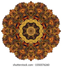 Mandala, tracery wheel mehndi design. Ethnic ornament, colorful doodle symmetry texture. Folk traditional spiritual tribal design. Curved shape, isolated on white. Color art. Vector