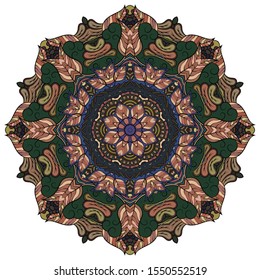 Mandala, tracery wheel mehndi design. Ethnic ornament, colorful doodle symmetry texture. Folk traditional spiritual tribal design. Curved shape, isolated on white. Color art. Vector
