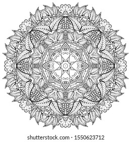 Mandala, tracery wheel mehndi design. Ethnic ornament, doodle symmetry texture. Folk traditional spiritual tribal design. Curved shape, isolated on white. Binary monochrome black and white art. Vector