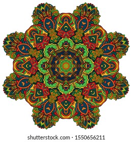 Mandala, tracery wheel mehndi design. Ethnic ornament, colorful doodle symmetry texture. Folk traditional spiritual tribal design. Curved shape, isolated on white. Color art. Vector