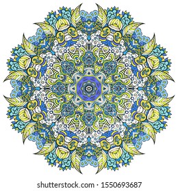 Mandala, tracery wheel mehndi design. Ethnic ornament, colorful doodle symmetry texture. Folk traditional spiritual tribal design. Curved shape, isolated on white. Color art. Vector