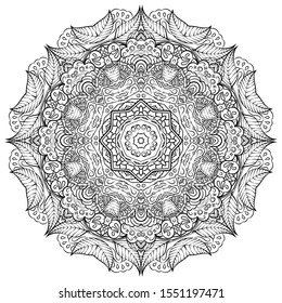 Mandala, tracery wheel mehndi design. Ethnic ornament, doodle symmetry texture. Folk traditional spiritual tribal design. Curved shape, isolated on white. Binary monochrome black and white art. Vector