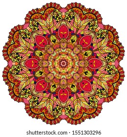 Mandala, tracery wheel mehndi design. Ethnic ornament, colorful doodle symmetry texture. Folk traditional spiritual tribal design. Curved shape, isolated on white. Color art. Vector