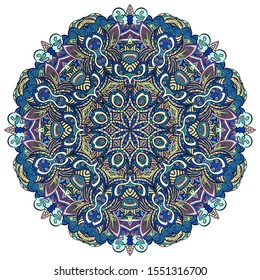 Mandala, tracery wheel mehndi design. Ethnic ornament, colorful doodle symmetry texture. Folk traditional spiritual tribal design. Curved shape, isolated on white. Color art. Vector