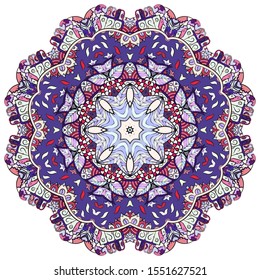 Mandala, tracery wheel mehndi design. Ethnic ornament, colorful doodle symmetry texture. Folk traditional spiritual tribal design. Curved shape, isolated on white. Color art. Vector