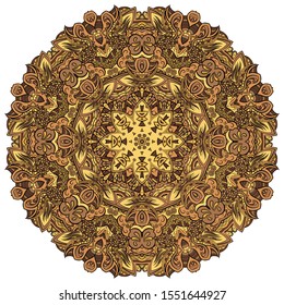 Mandala, tracery wheel mehndi design. Ethnic ornament, colorful doodle symmetry texture. Folk traditional spiritual tribal design. Curved shape, isolated on white. Color art. Vector