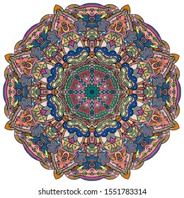Mandala, tracery wheel mehndi design. Ethnic ornament, colorful doodle symmetry texture. Folk traditional spiritual tribal design. Curved shape, isolated on white. Color art. Vector