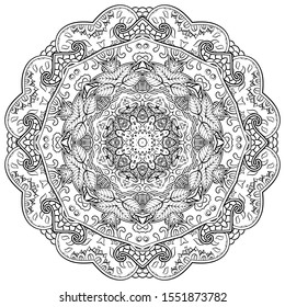 Mandala, tracery wheel mehndi design. Ethnic ornament, doodle symmetry texture. Folk traditional spiritual tribal design. Curved shape, isolated on white. Binary monochrome black and white art. Vector