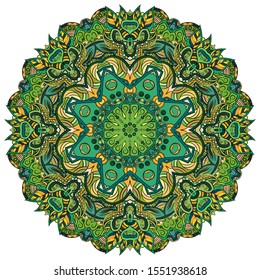 Mandala, tracery wheel mehndi design. Ethnic ornament, colorful doodle symmetry texture. Folk traditional spiritual tribal design. Curved shape, isolated on white. Color art. Vector