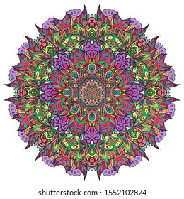 Mandala, tracery wheel mehndi design. Ethnic ornament, colorful doodle symmetry texture. Folk traditional spiritual tribal design. Curved shape, isolated on white. Color art. Vector