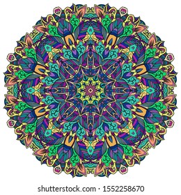 Mandala, tracery wheel mehndi design. Ethnic ornament, colorful doodle symmetry texture. Folk traditional spiritual tribal design. Curved shape, isolated on white. Color art. Vector