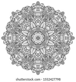 Mandala, tracery wheel mehndi design. Ethnic ornament, doodle symmetry texture. Folk traditional spiritual tribal design. Curved shape, isolated on white. Binary monochrome black and white art. Vector